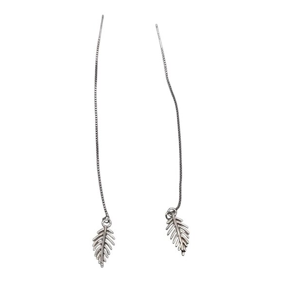 Feather Threader Earrings Long Chain Drop Dangle 925 Silver Leaf Elegant - Picture 4 of 7